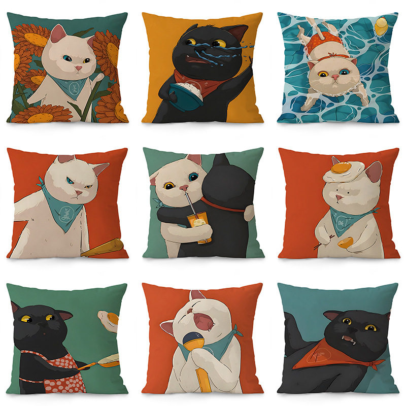 北欧动物卡通可爱猫咪情侣抱枕沙发客厅样板间绒面腰枕套靠枕靠垫