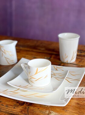 45%骨粉骨瓷golden金色柳叶150ml咖啡杯碟 方平盘果汁杯口杯奶缸