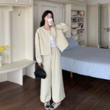 韩系穿搭黄色花边夹克套装女春秋超火好看高级小众阔腿裤两件套，商品下架区，唯尔萱