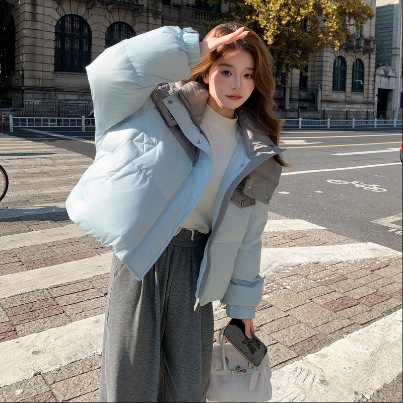 撞色拼接羽绒服女2025冬季新款韩版宽松学院风连帽小个子加厚外套,女装羽绒服,2B080
