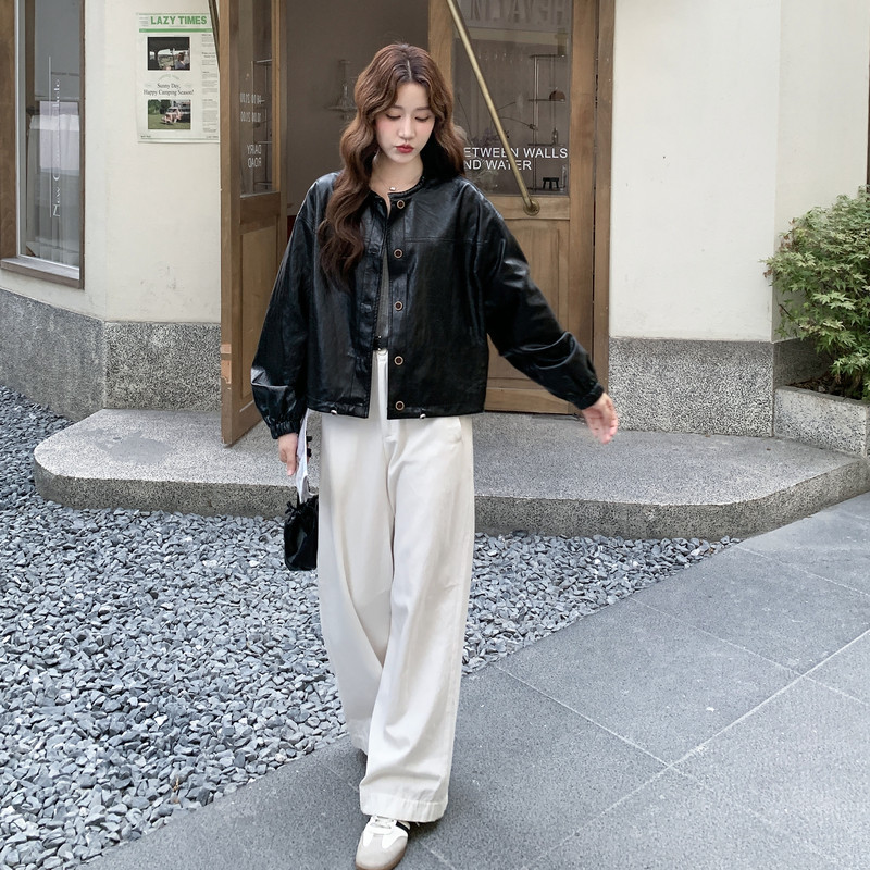 新款黑色老钱风皮衣外套057-9156p165k248,女装短外套,2B080