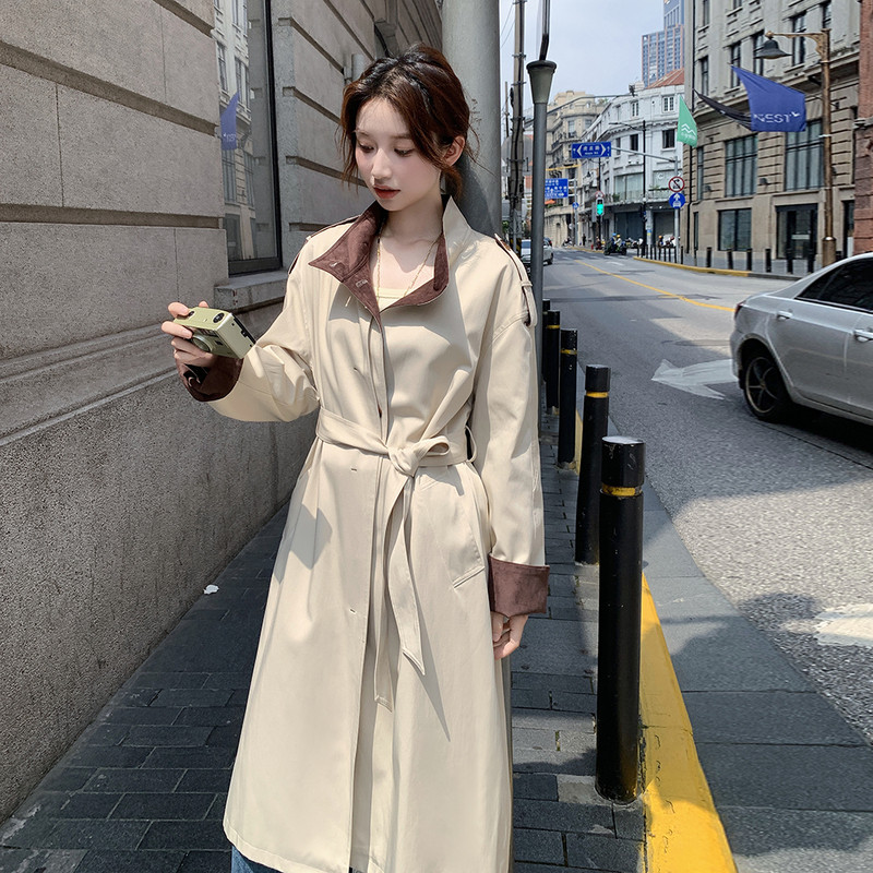 春装新款麂皮绒撞色风衣外套双色2B080-9160p190k278,女装风衣,2B080