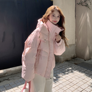 粉色羽绒服女2025冬季新款韩版宽松学院风小个子防风连帽加厚外套图片