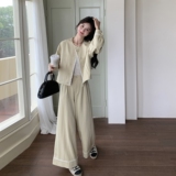 韩系穿搭黄色花边夹克套装女春秋超火好看高级小众阔腿裤两件套，商品下架区，唯尔萱