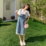 2025夏季俏皮可爱牛仔背带裙蕾丝拼接下摆中裙白T恤减龄套装女新，女装连衣裙，唯尔萱