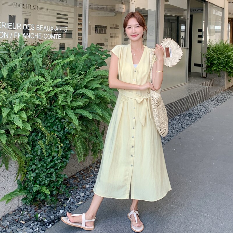 新款夏装黄色气质系带连衣裙9152p125k188,女装连衣裙,2B080