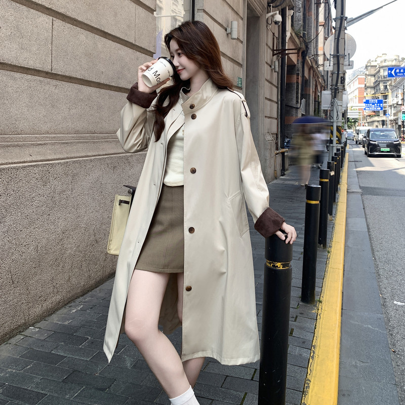 新款米白色风衣撞色外套双色057-9160p190k278,女装风衣,2B080