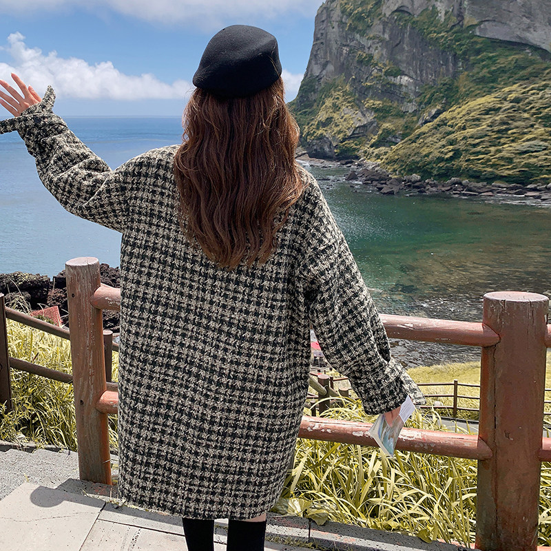 千鸟格羊毛呢外套女中长款冬季2025高级感韩系超好看小个子呢大衣,女装毛呢外套,2B080