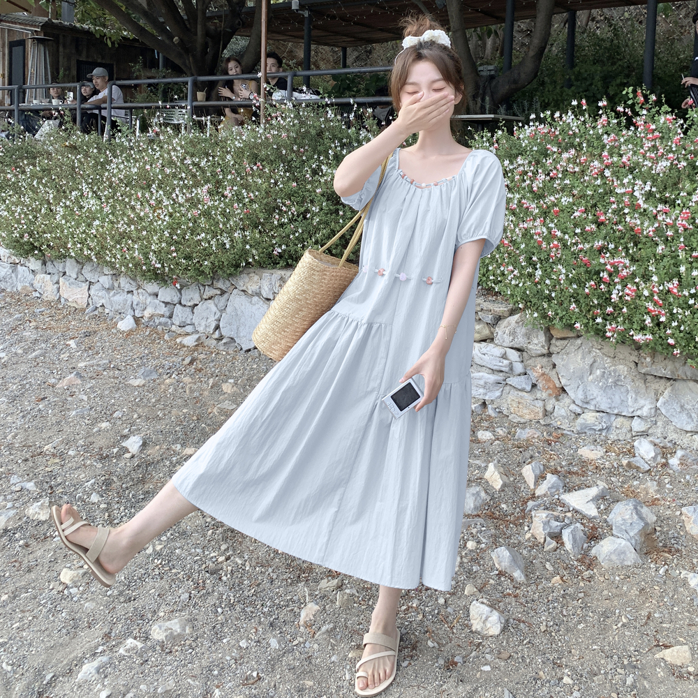 粉色法式泡泡袖连衣裙女2025夏季新款宽松显瘦高级感减龄甜美长裙，女装连衣裙，唯尔萱