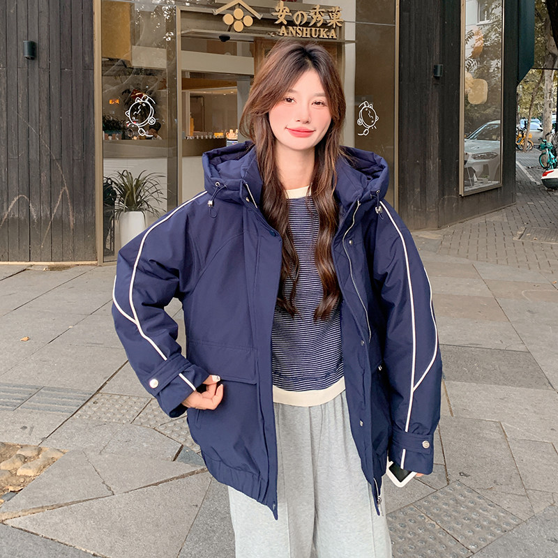 超好看蓝色连帽冲锋衣羽绒服冬女2025高级小众加厚保暖派克服外套,女装羽绒服,2B080