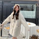 米白色撞色皮毛一体大衣057-8839-p190k308，女装毛呢外套，2B080