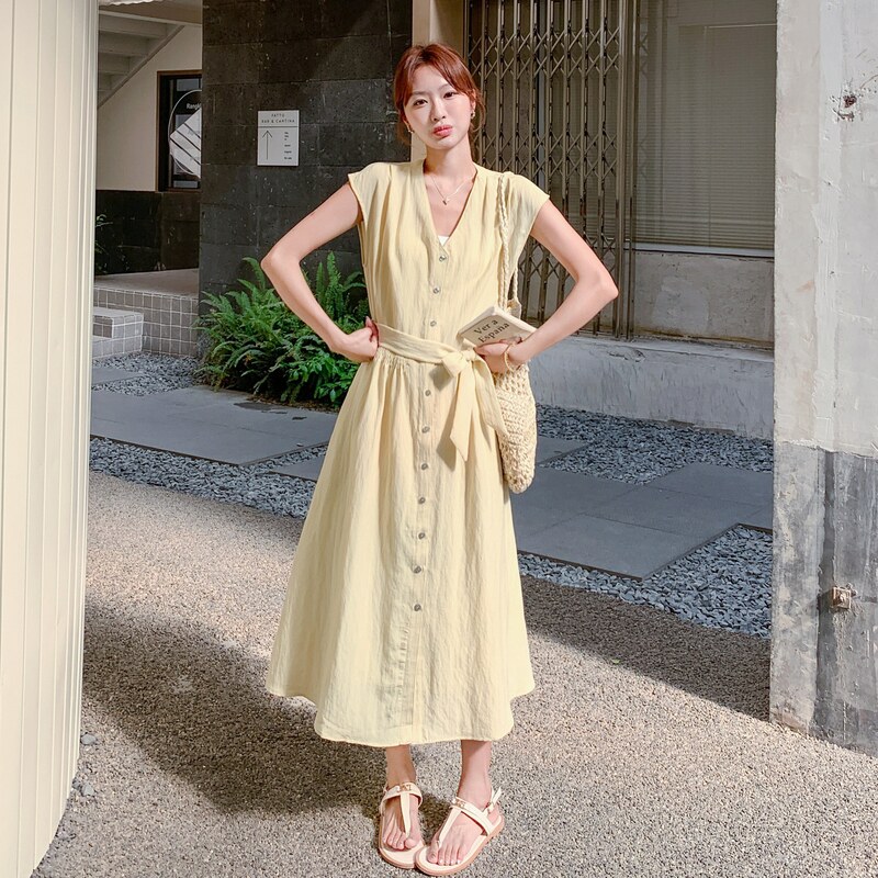 新款夏装黄色气质系带连衣裙9152p125k188,女装连衣裙,2B080
