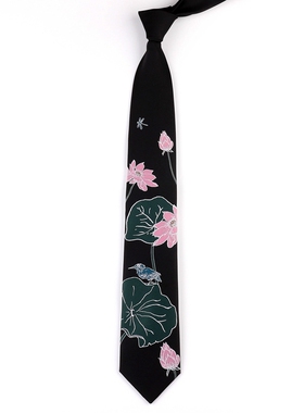 卡萨尼原创荷塘景色JKDK黑色7cm手打领带男女中国风生日礼物ins