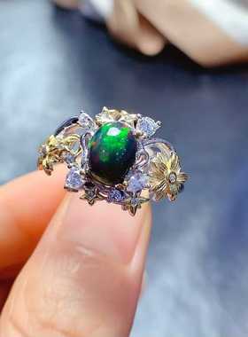 豪华繁花款戒指s925银镶嵌变彩黑欧泊活口女食指戒银镀双色款个性