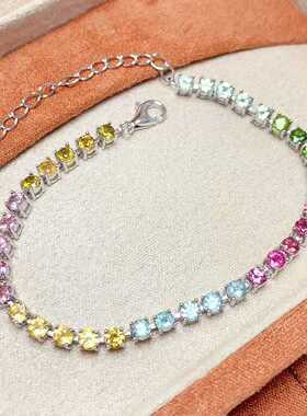 简单满镶款手链925银镶嵌天然糖果色碧玺圆形3*3精致百搭女