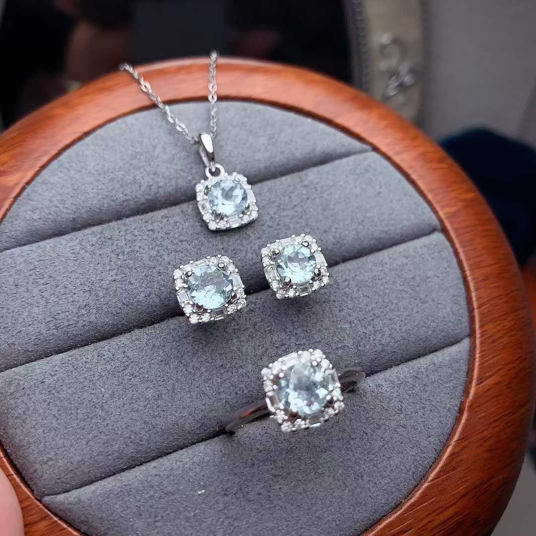 新款彩宝套装s925银镶嵌天然海蓝宝戒指吊坠耳钉圆形6mm首饰饰品