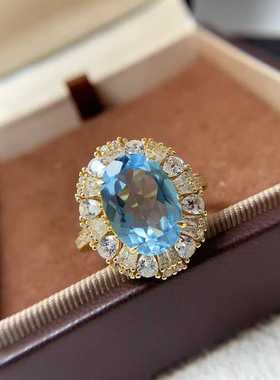 豪华多钻宝石戒指s925银镶嵌天然天空蓝托帕石活口女手饰精致百搭