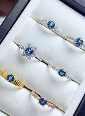 彩宝首饰天然伦敦蓝托帕石戒指s925银镶嵌多款式圆形活口手饰