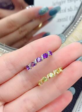 精致排戒925银镶嵌天然橄榄石紫水晶圆形活口女戒指日常百搭