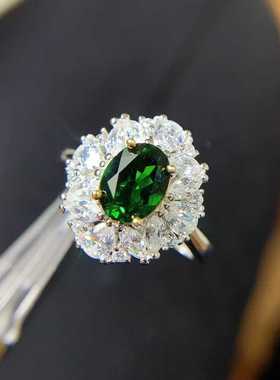 豪华围钻款戒指925银镶嵌天然透辉石活口女食指戒椭圆6*8宝石首饰
