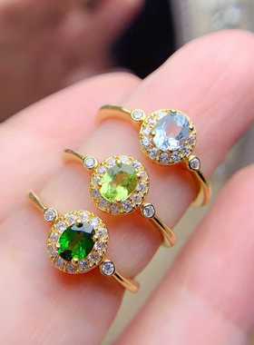 简单围钻款活口食指戒925银镶嵌天然橄榄石透辉石海蓝宝椭圆4*5戒