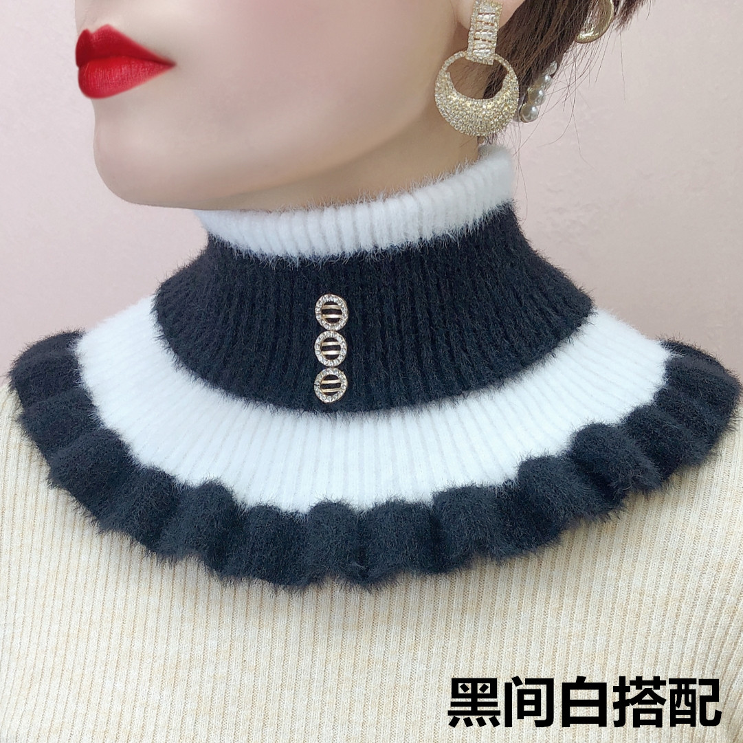 秋冬仿貂绒假领子护颈椎针织高领加厚围脖荷叶边脖套保暖套头围巾