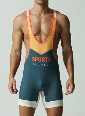 3色Tauwell/特为男士运动平角紧身连体Y字背心青年健身健美服男