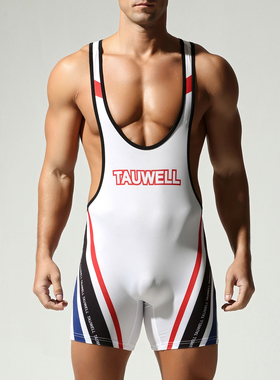 4色Tauwell/特为男士运动平角拼接紧身连体背心青年健身健美服男