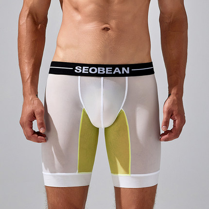 实拍4色SEOBEAN/希宾男士大平角内裤半透丝滑轻薄透气学生运动裤