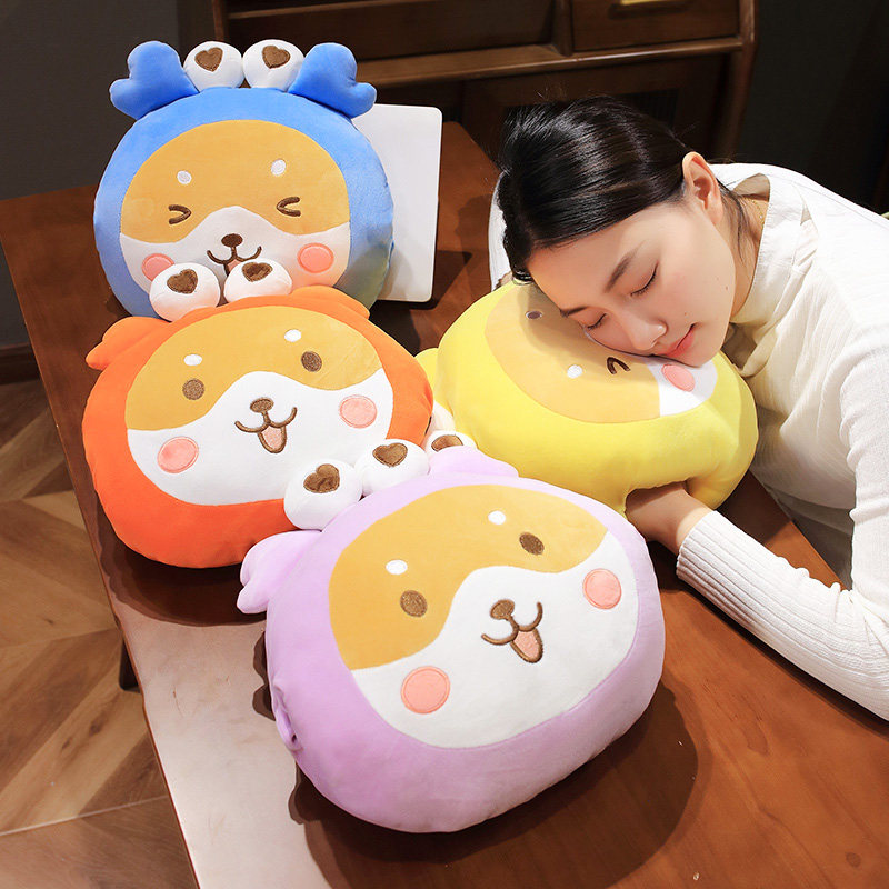 卡通蟹狗暖手抱枕插手毛绒玩具睡觉神器办公室午睡枕头冬季手捂女