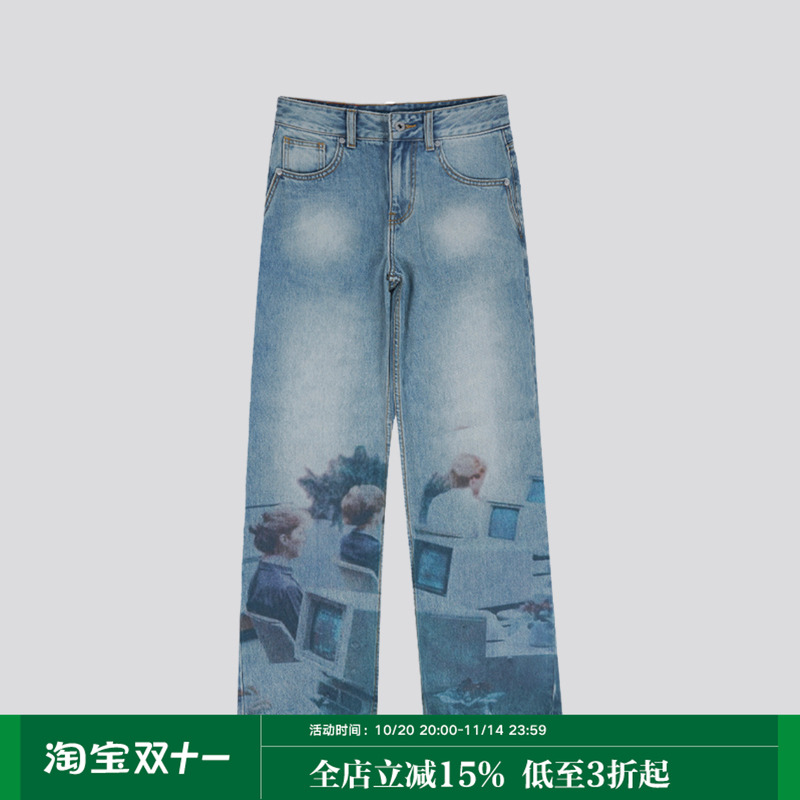 Mood Like Me “办公日常”直喷印花宽松直筒牛仔裤长裤