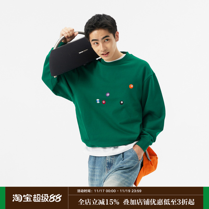 FMACM闷与狂 台球刺绣捏褶400g百搭纯色圆领套头卫衣2024秋上衣