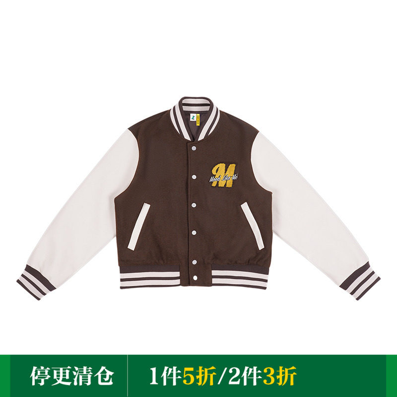 Mood Like Me  拼皮毛巾绣印花宽松休闲v领棒球服夹克外套女