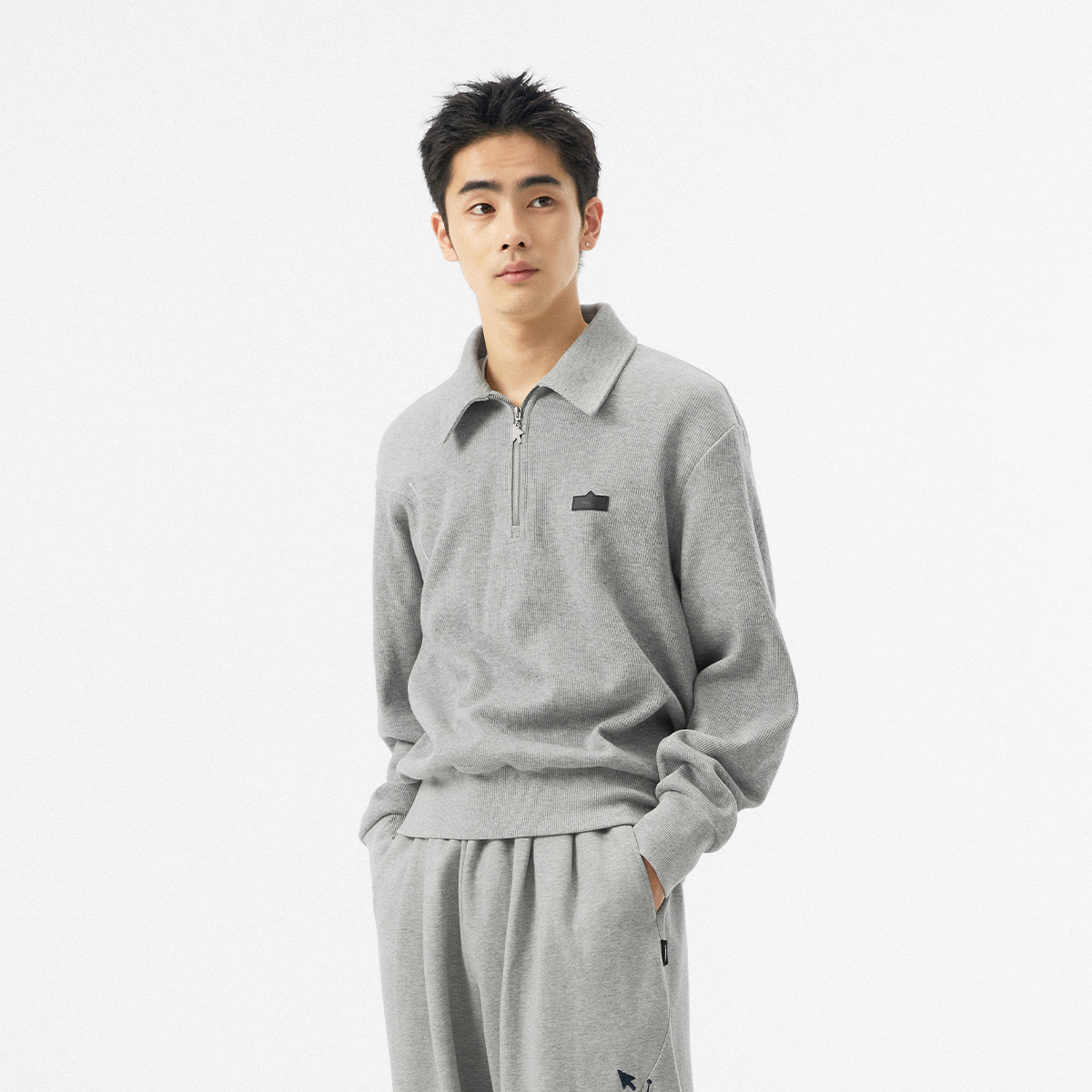 FMACM闷与狂 异形弧线袖笼拼接刺绣毛衣编织2024春秋长袖poloT恤