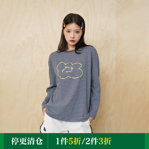 MoodLikeMe「花点心思」条纹拼接长袖圆领T恤上衣