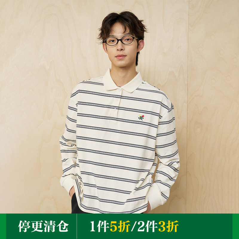 MoodLikeMe「海屿书签」条纹刺绣花朵长袖polo衫2025春学院风上衣,女装/女士精品,POLO衫,淘宝优惠券,粉丝福利购,淘宝优惠卷