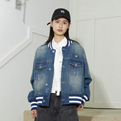 MoodLikeMe复古牛仔洗水棒球外套2024秋男女情侣款 宽松设计感夹克