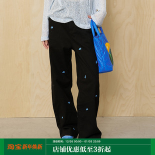 2025春斜纹棉黑色长裤 MoodLikeMe「花季 乐章」花朵刺绣直筒休闲裤