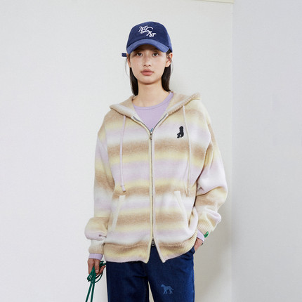 MoodLikeMe 渐变条纹喷纱连帽针织开衫2024秋冬新款女毛衣外套