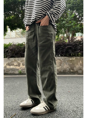 CHRC美式复古水洗宽松直筒大口袋休闲裤男女工装裤简约长裤