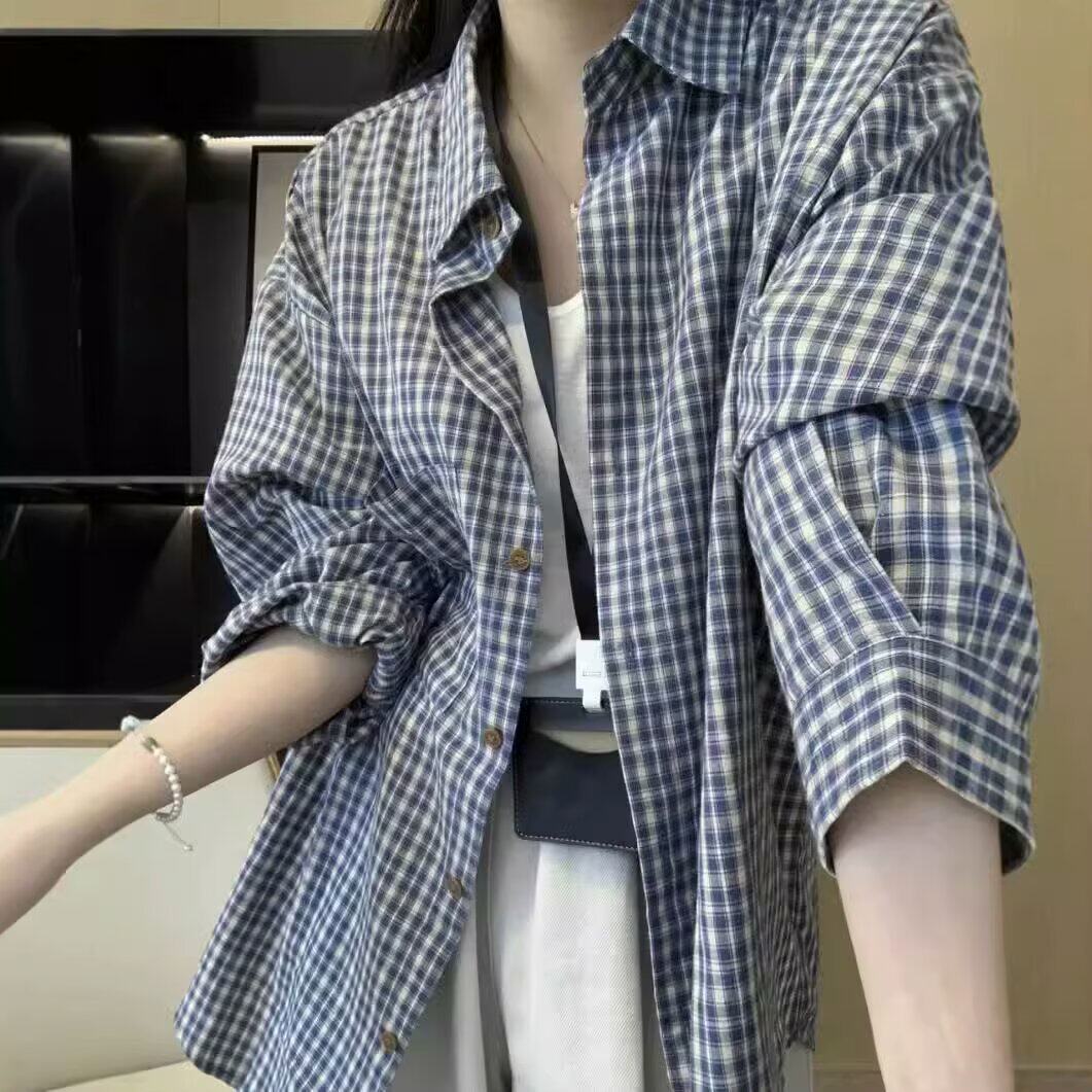2025春夏新品宽松复古格子衬衫女大版中长款大码格纹衬衫工厂批发
