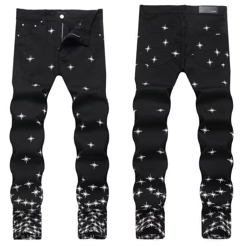 欧货轻奢刮烂破洞补丁牛仔裤男潮牌秋冬季修身青年小脚男士长裤子