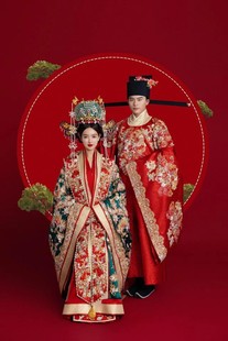 出租金宝宋制汉服婚服红男绿女拖尾嫁衣凤冠霞帔定制中式 婚租赁