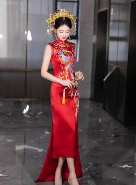 新中式旗袍红色刺绣敬酒订婚礼服