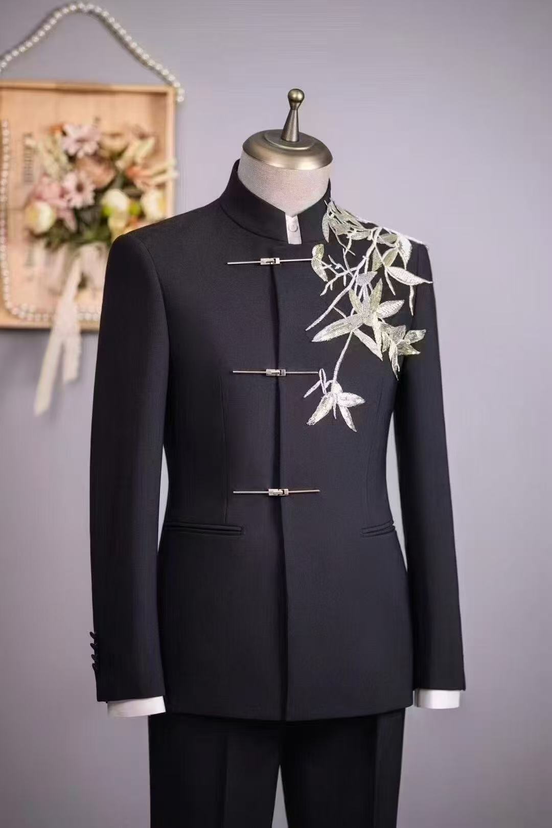 出租男士新中式国风西装订婚结婚敬酒礼服中山装新郎婚礼服装定制