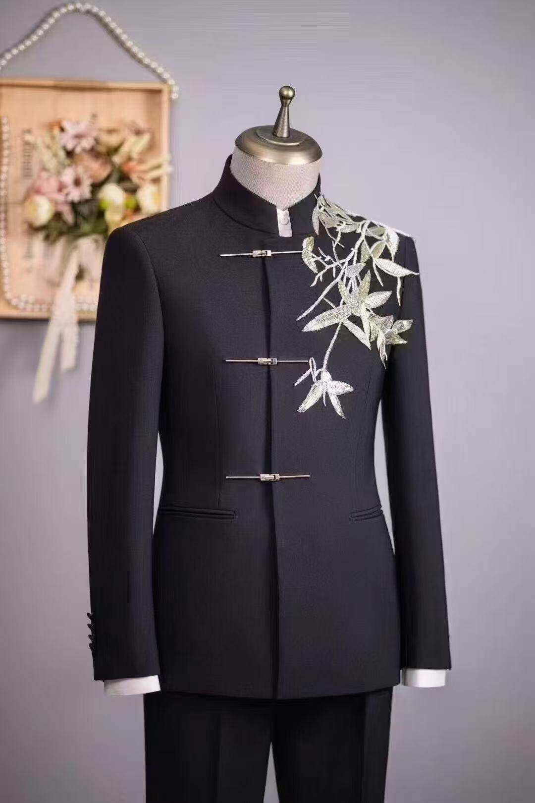 出租男士新中式国风西装订婚结婚敬酒礼服中山装新郎婚礼服装定制