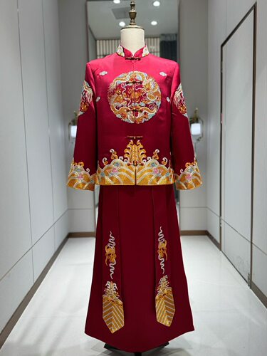 男士秀禾服新中式红色刺绣新郎结婚订婚龙凤褂大码男装出租定制