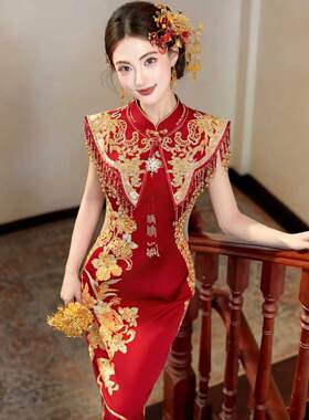 出租新中式红色旗袍敬酒服新娘订婚礼服龙凤褂秀禾服刺绣男女全套