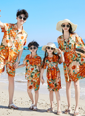 亲子装一家三四口三亚旅游度假海边沙滩短袖衬衫套装母女装连衣裙
