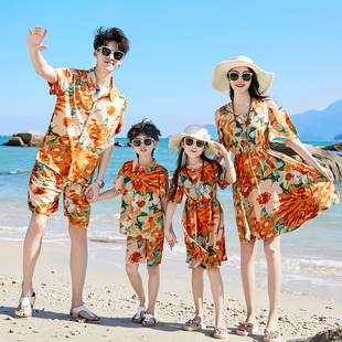 三亚海边度假亲子装一家三四口速干凉快花衬衫套装母女装连衣裙夏